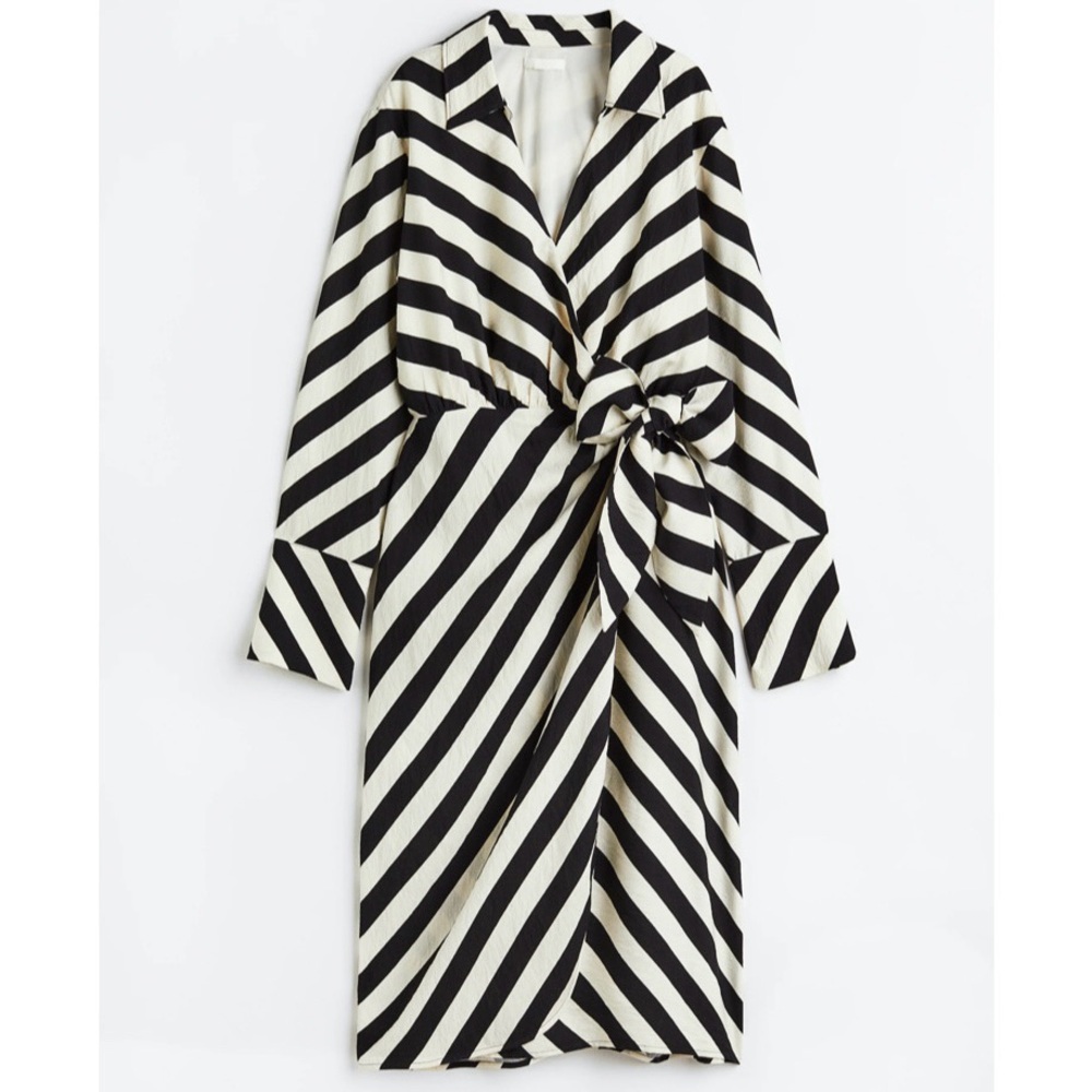 H&M Black and White Stripe Midi Wrap Dress with Shawl Collar Women’s Size XXL